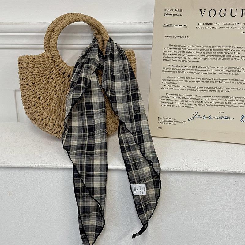 New retro versatile plaid triangle scarf, headscarf, silk scarf for women's light and thin neck protection and waist multi-purpose scarf