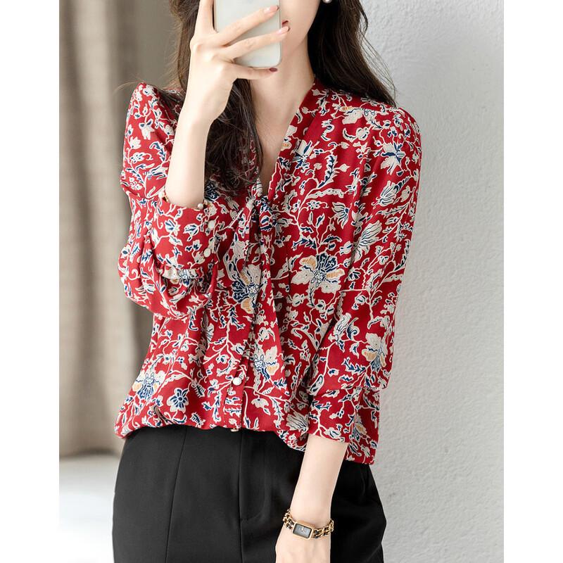Demana Women s Elegant Ribbon Print Blouse S