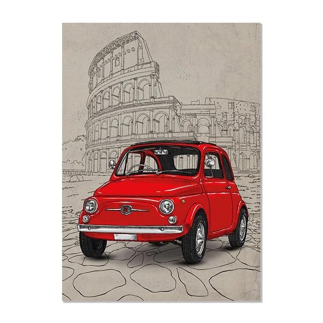 Italienischer Stil Berühmtes Gebäude Hintergrund Fiat 500 Rot Gelb Vespa Poster Druck Wandkunst Bild Leinwandmalerei Zimmer Heimdekor