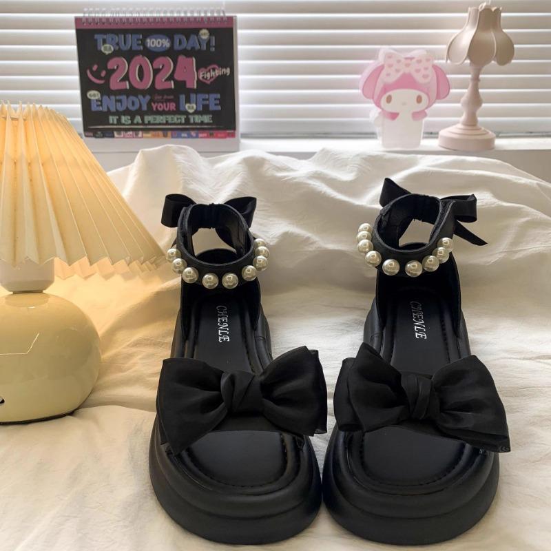 Girls Bow Pearl Ankle Strap Thick Sole Closed Toe Casual Summer Sandals 26 чёрный