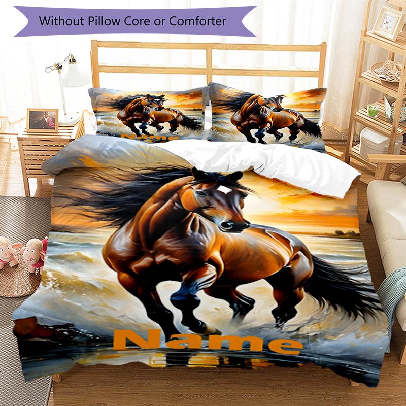 3pcs Custom Name Horse Bedding Set Duvet Cover Closure Includes 1 Duvet Cover & 2 Pillowcases, Soft and Comfortable for All Seasons.
