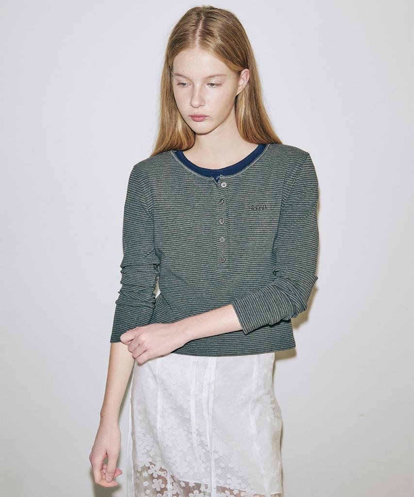 SINOON Sn Henley Neck Stripe Long Sleeve T-Shirt (Dark Melange Gray)
