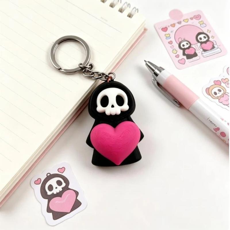 Cute Grim Reaper Keychain with Heart Gothic Skeleton Key Ring Scratch-Proof Pendant for Notebook Bag Decor Student Gift