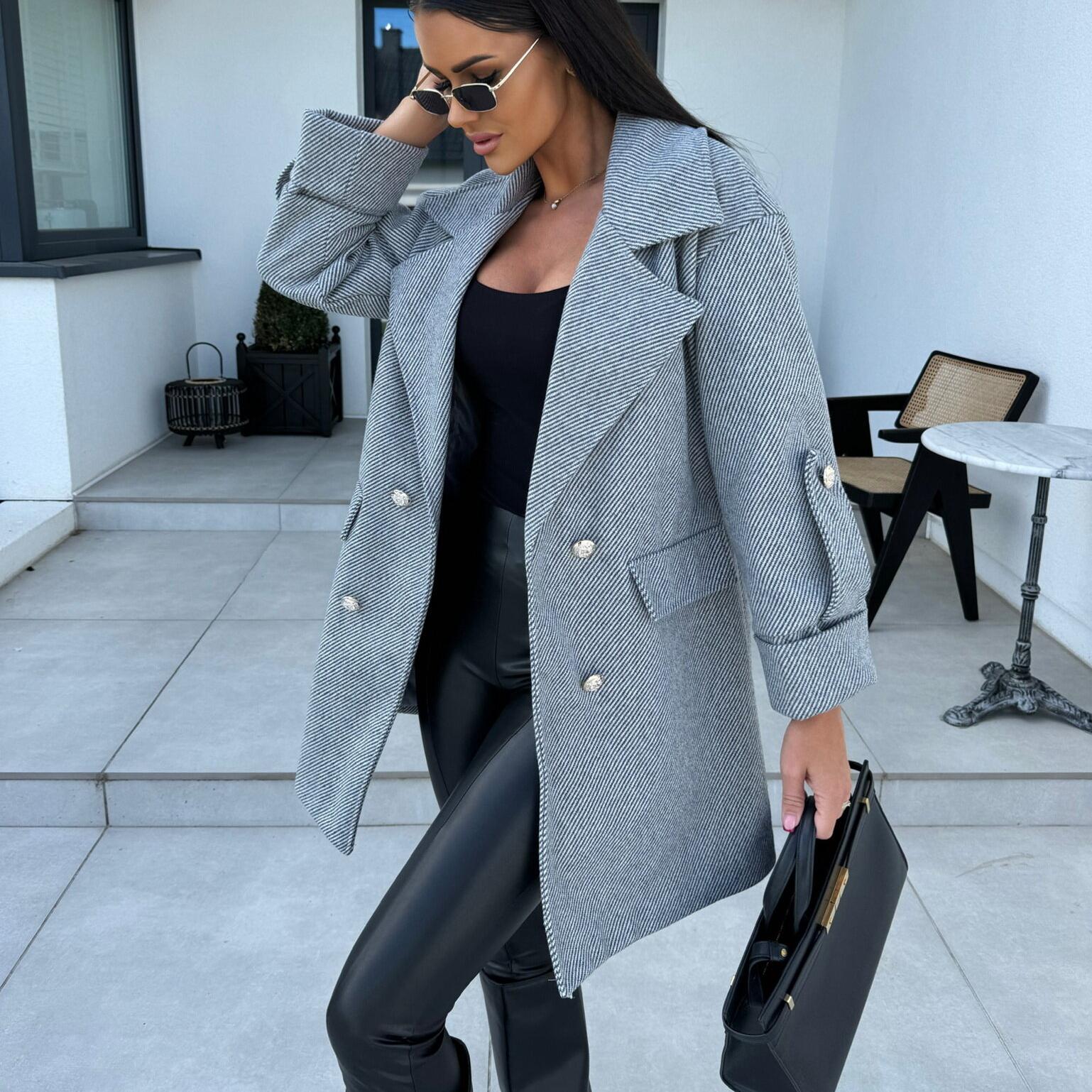 Новое европейское и американское однотонное шерстяное пальто с воротником в форме буквы — фото 3