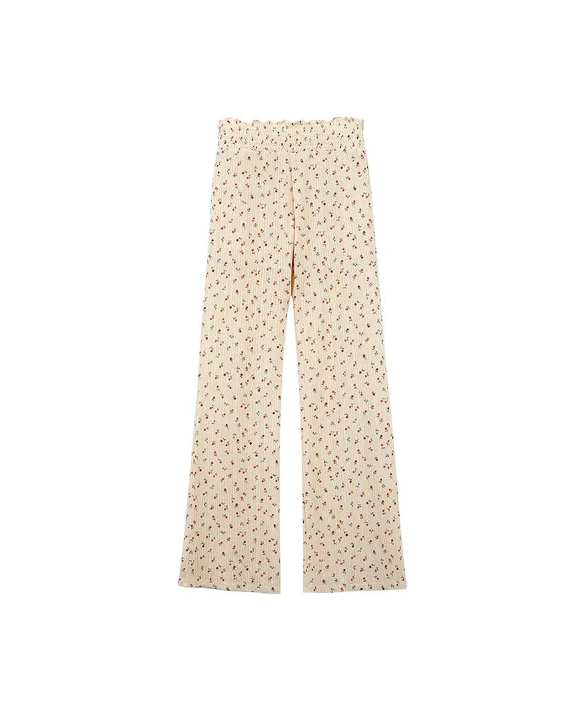 LOTSYOU Lotsyou_Shirring Boot Cut Pants Flower Beige