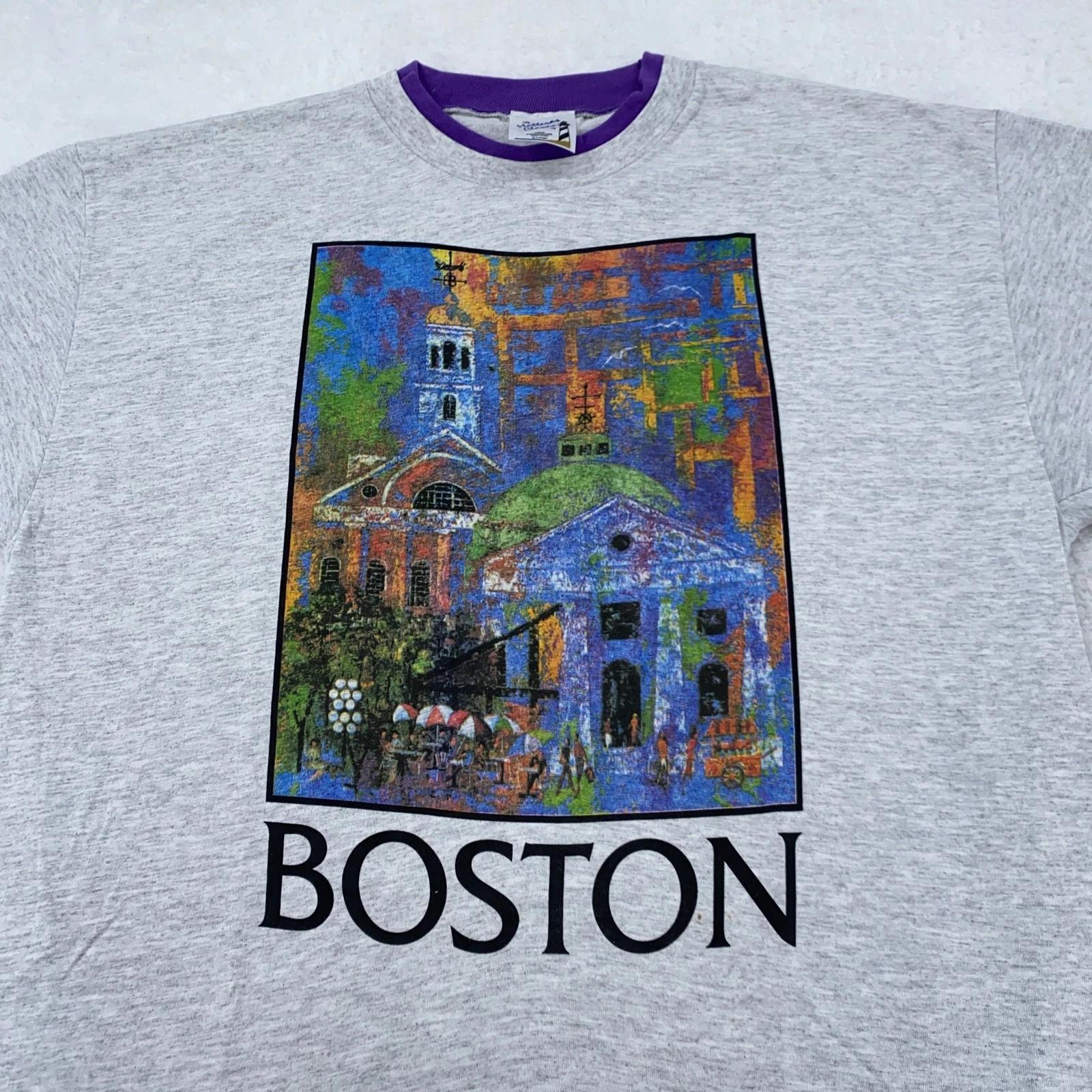 Vintage Boston Art Shirt Mens Large/XL Double Collar Gray Tee Classic 90s XL