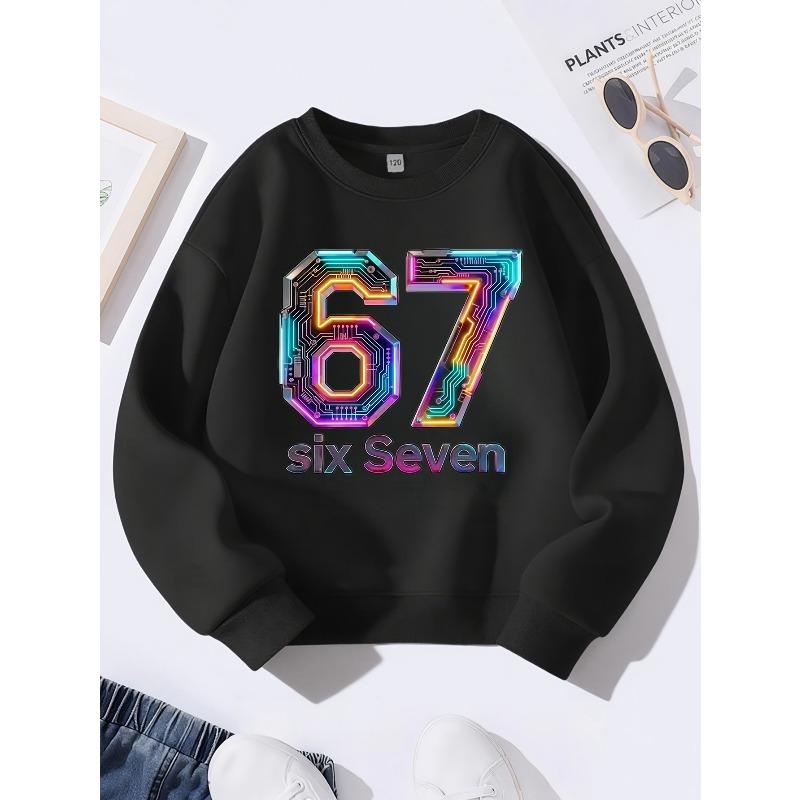 Kids Unisex Crewneck Sweatshirt, Neon Rainbow Circuit Board Tech Style Number 67 With Text "six Seven" Print Soft Pullover For 7th Birthday Tech Lover