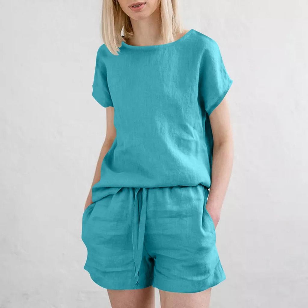 Dámské letní dvoudílné sety, volný top s kulatým výstřihem a krátkým rukávem, jednobarevné kraťasy, cestovní outfity