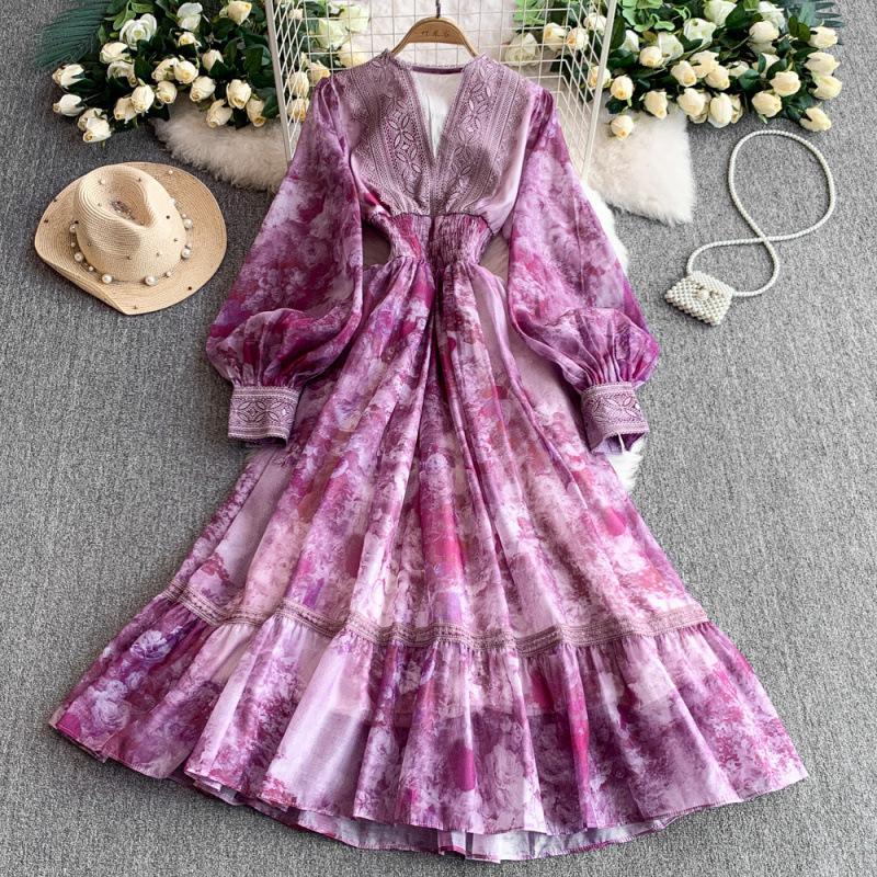 French Lace Splicing V-Neck Lantern Sleeve Dress Women's Summer Printing Waist Lotus Leaf Swing Dress Chiffon