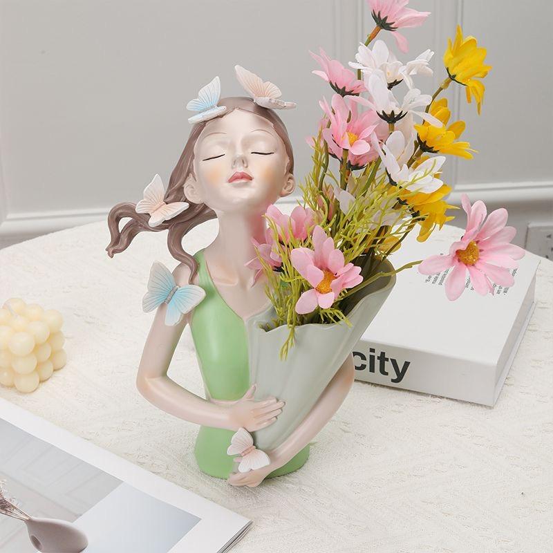 Nordic Girl Holding Vase with Artificial Flowers, Elegant Artistic Resin Home Decor Statue for Living Room, Entryway & TV Cabinet