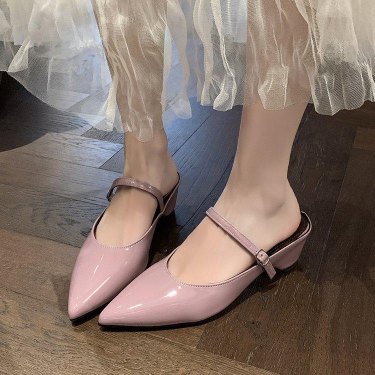 New Temperament One-word Buckle with Thick Heel Mary Jane Shoes Women's Pointed Single Shoes Light Mouth Commuter High Heel