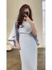 European and American 2024 Solid Color Satin Batwing Shawl Dress with Long Sleeves