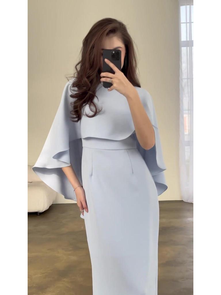 European and American 2024 Solid Color Satin Batwing Shawl Dress with Long Sleeves