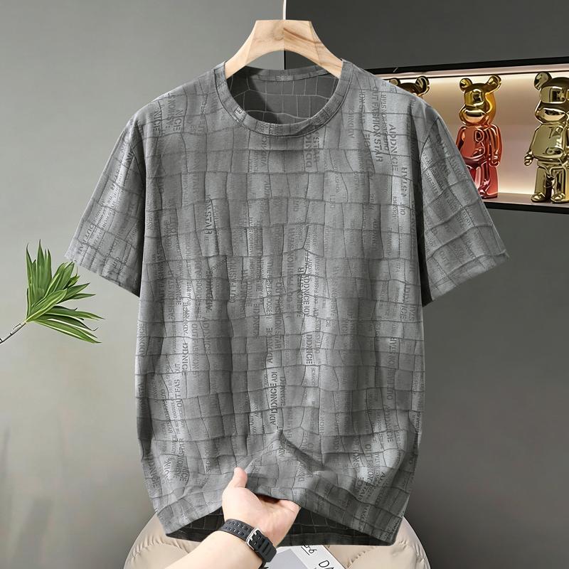 Men's Plus Size Grid Text Print T-Shirt – Textured Short Sleeve Casual Tee (Sizes 5XL-11XL) for Summer Streetwear