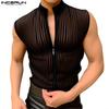 Men Stand Neck Sleeveless Striped Transparent Mesh Sheer Zip-up Tank Tops