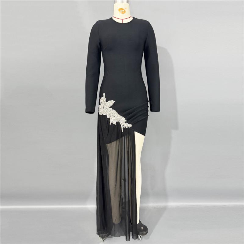 Round High Neck Long Sleeve Bandage Skirt Mesh Dress Splicing Heavy Industry Metal Tight Sexy Women's Clothing