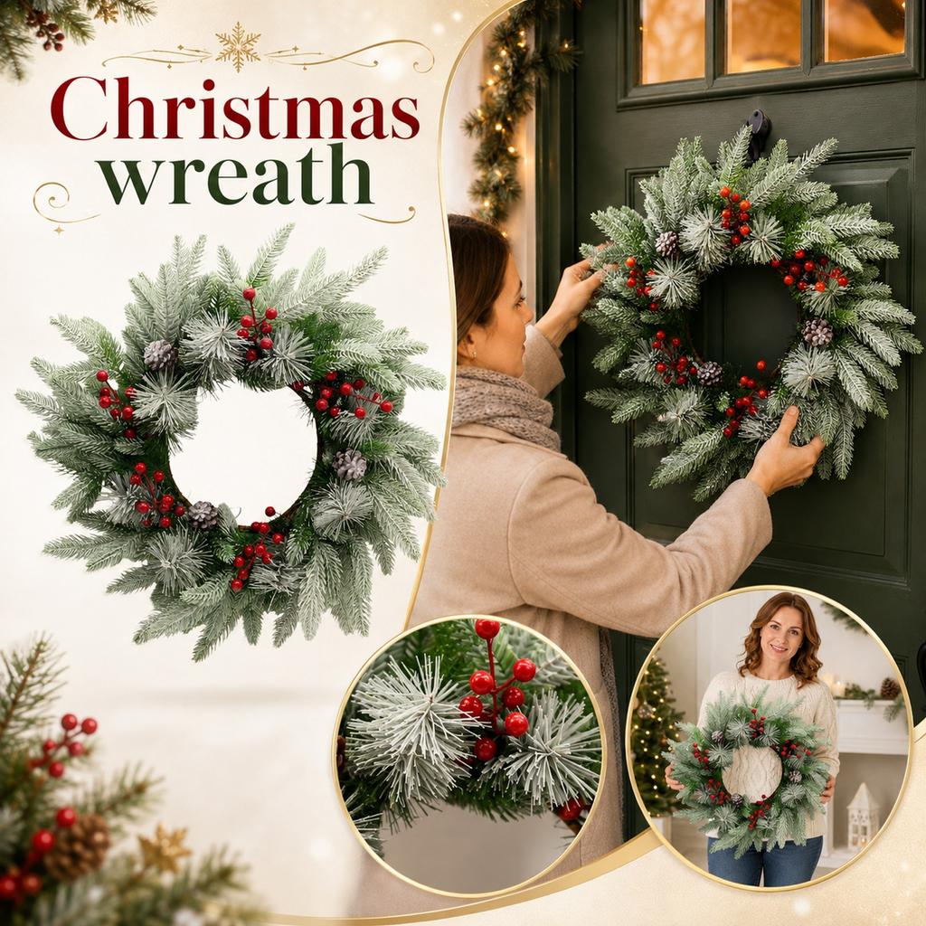 Christmas Wreath with Cedar and Red Berries - Door Hanging Holiday Decor for Home, Mall and Scene Setting