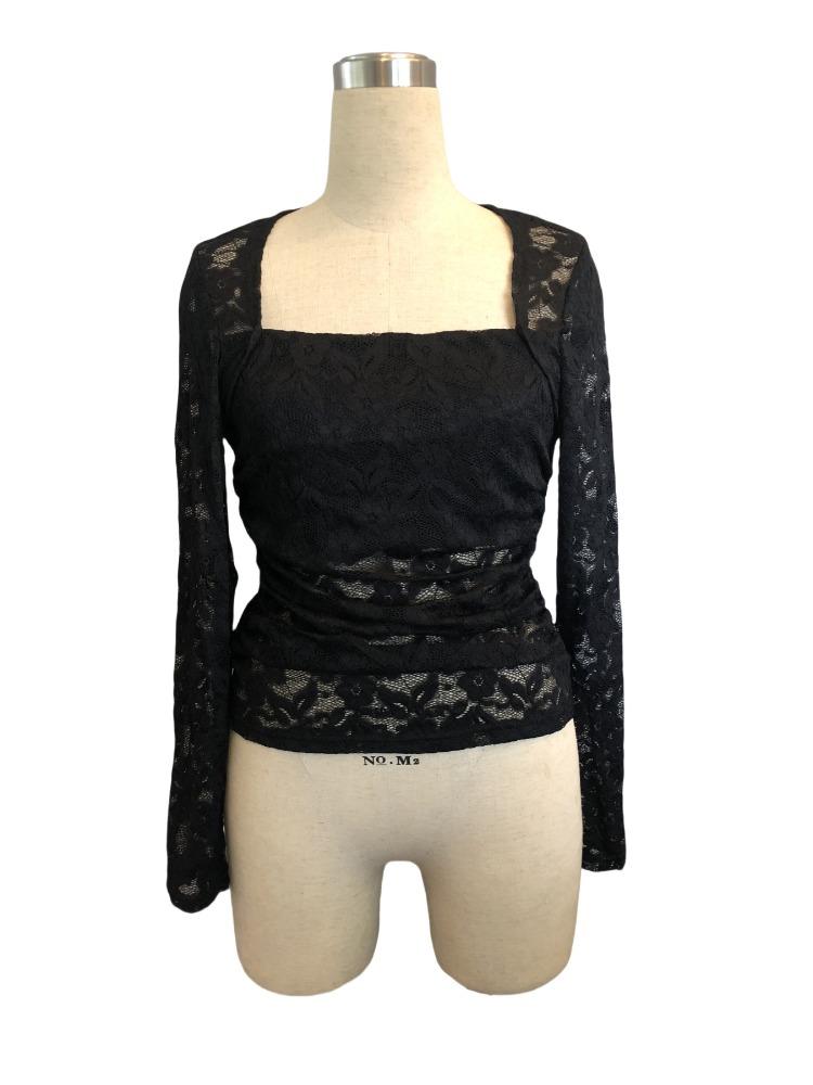 Women's Lace Floral Square Neck Ruffled Design Long-sleeved T-shirt Tops Women Versatile Closet Essential Fashion Items Shirt