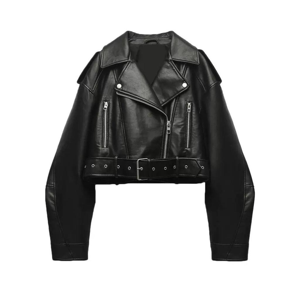 Women's Washed Leather Jacket with Belt, Short Coat with Downgraded Zipper and Vintage Lapel Jacket