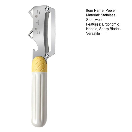 Škrabka na zeleninu s dřevěnou rukojetí Nerezová čepel 2v1 Škrabka na ovoce a otvírák na lahve na brambory Mrkev Citrusy Rychlý nástroj na loupání
