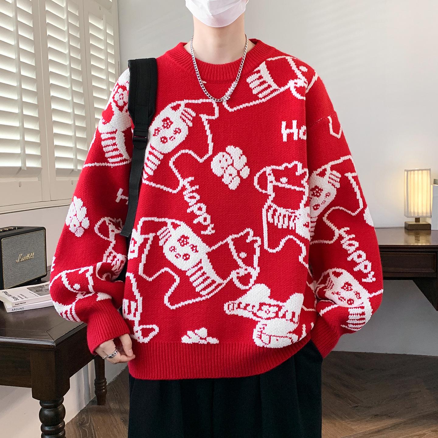 

Men s Red Woolen Sweater - Thick Warm Knitwear for Autumn/Winter 2026, Year of the Horse Zodiac Collection XL (120-140 jin)