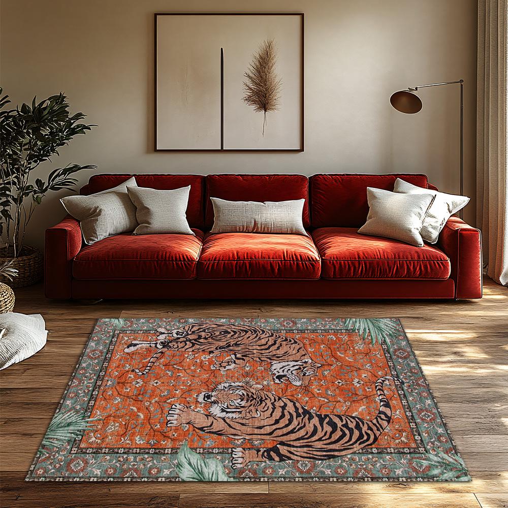 Orange Red Tiger Pattern Bohemian Rug, Ethnic Border Non-Slip Carpet, Plush Living Room Mat for Jungle Theme Decor