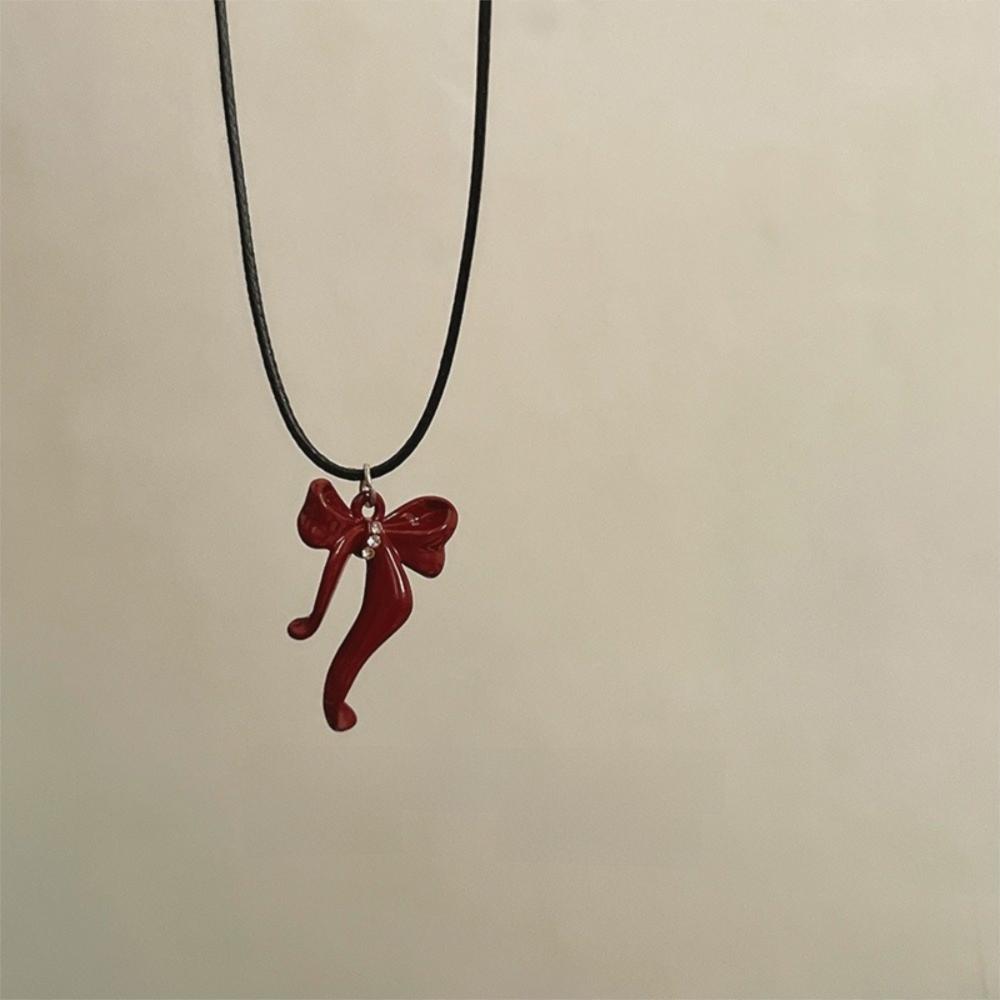 

Black Leather Rope Bowknot Pendant Necklaces Bow Sweater Chain Y2K Red Necklace For Women Girls 5
