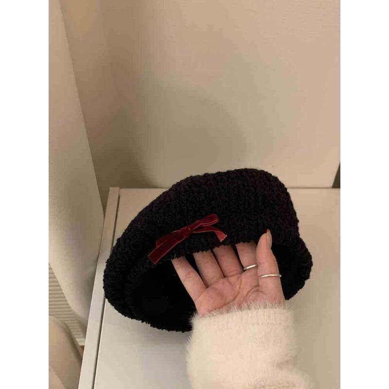 Hat for Women Japanese Niche Bow Plush Beret for Women In Autumn and Winter New Sweet White Painter Hat