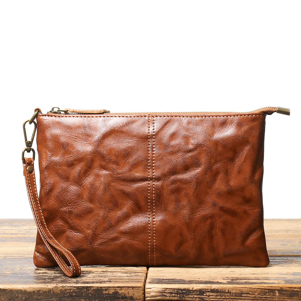 Retro Handmade Men S Genuine Leather Clutch Bag, Cowhide Large-Capacity Ipad Bag, Hand Scratch File, Wrist Bag.