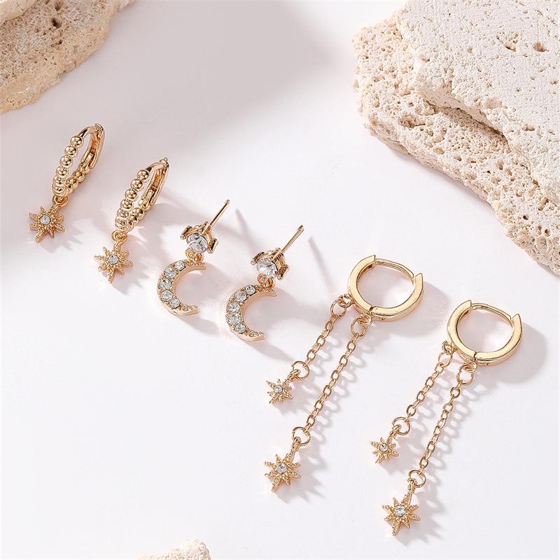 Star and Moon Chain Tassel Earrings - Hexagram Personality Fashion Zircon Earring Set for Women's Ear Pendants