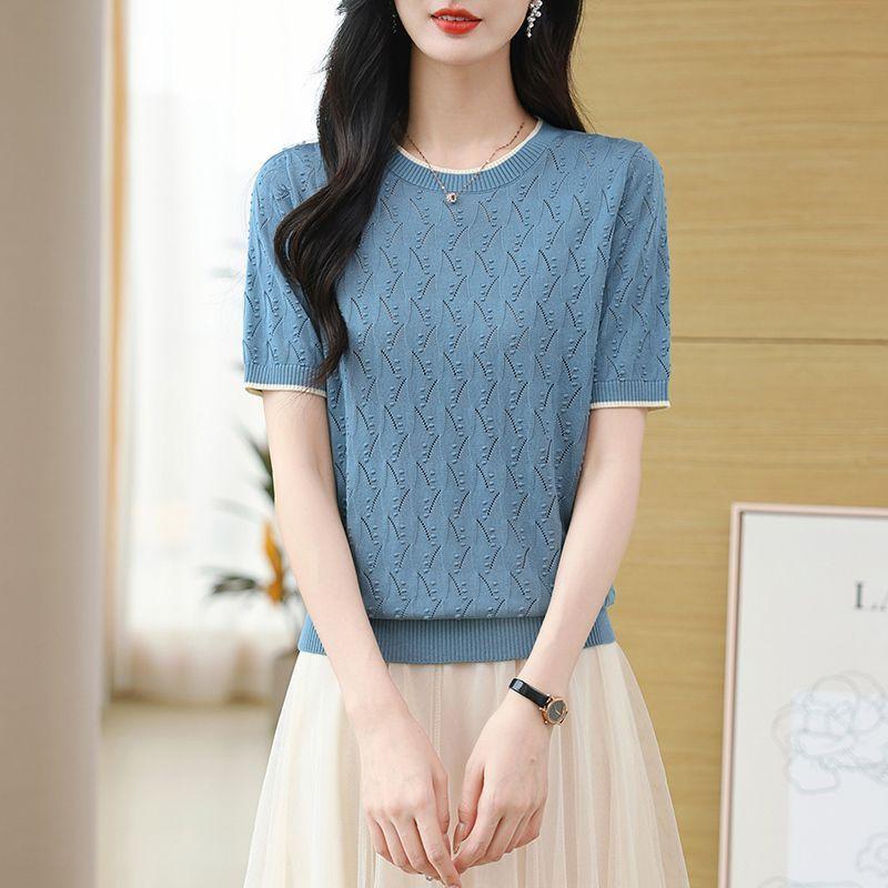 Summer Women's Round Neck Knitted T-shirt Women's Knitted Sweater with Hollow Out Thin Design Slimming Top
