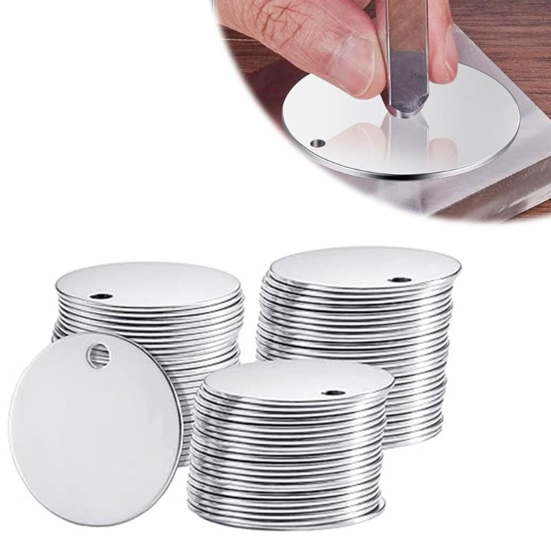 100 Pcs/Set Round Metal Engraving Blanks with Hole Stamping Blanks Stainless Steel Blank Tagged 10/15/20/25/30mm