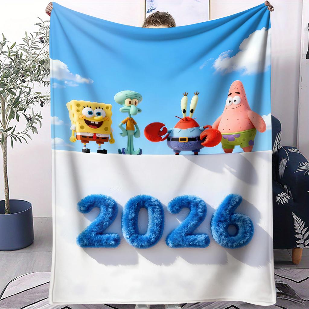 Cartoon Yellow Sponge-Bob Print Warm Blanket For Office Comfort Leisure Camp Travel Multifunctional Universal Blanket Fan Gift