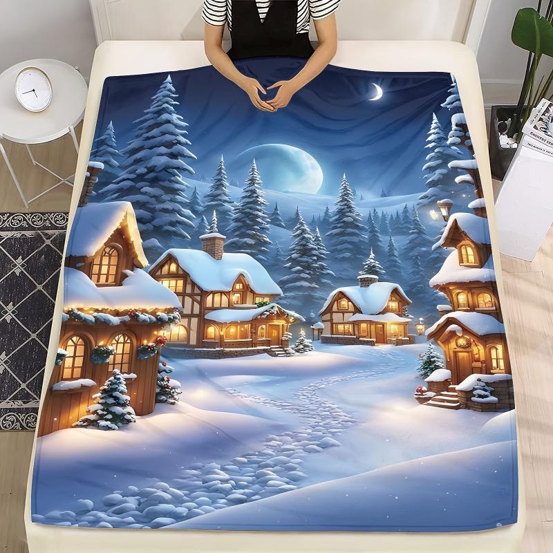 Hedendaagse Flanel Fleece Worpdeken – Digitale Print Winterscène met Besneeuwd Dorp en Maan – Zacht Warm