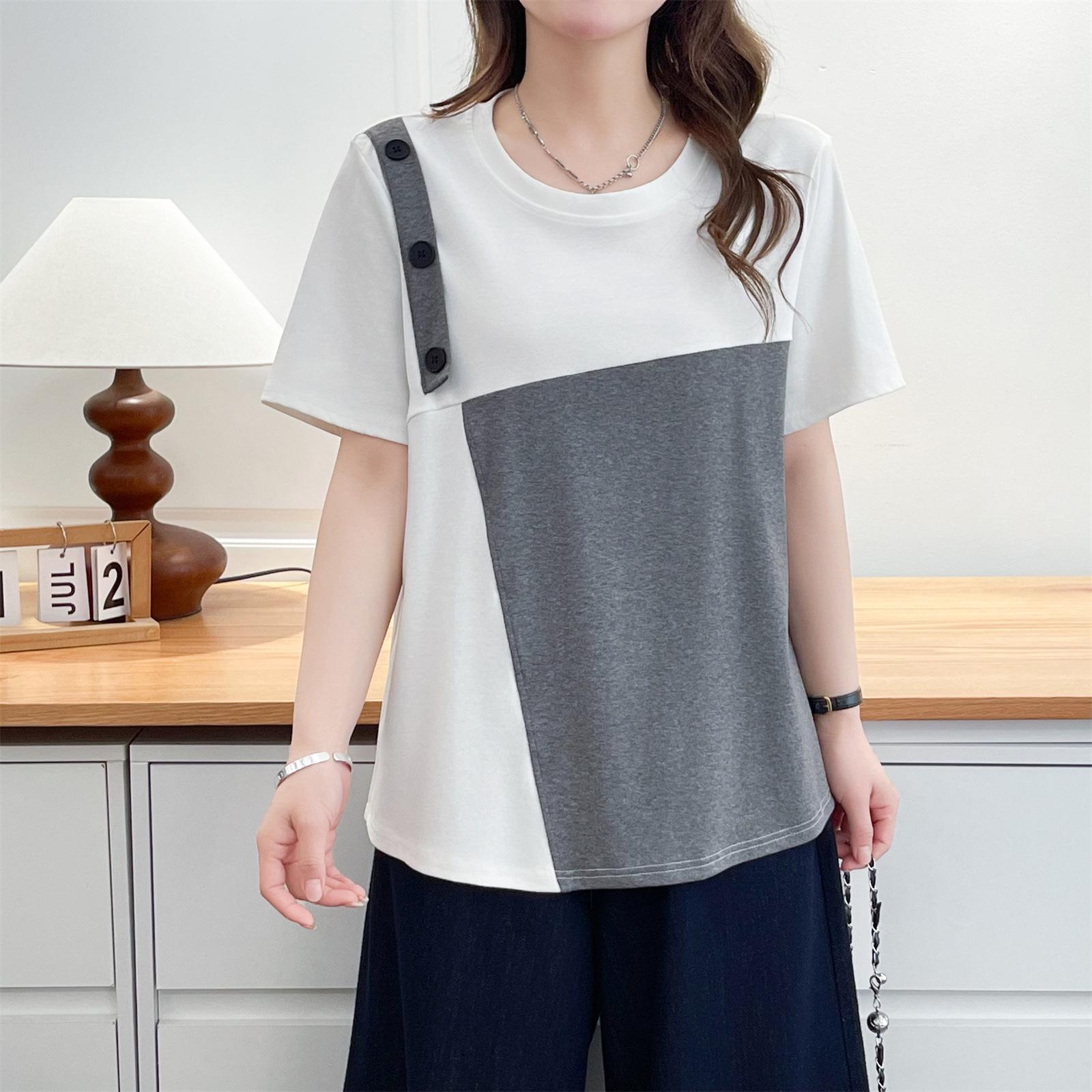 

2026 Plus Size Color Block Short Sleeve Women s T-shirt - Slimming Patchwork Top for Flaw Coverage (Style 3009) XL белый