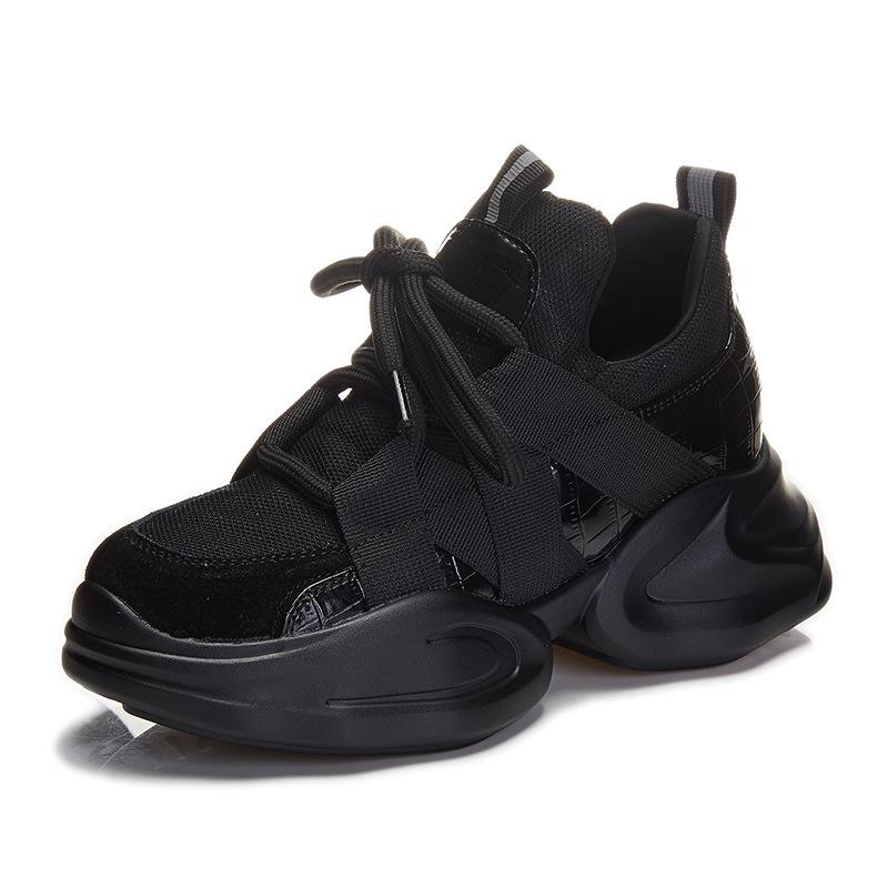 Genuine Leather Platform Shoes  Women's New Black Thick Soles Internal Height Increasing Sports Shoes White Sneakers Women