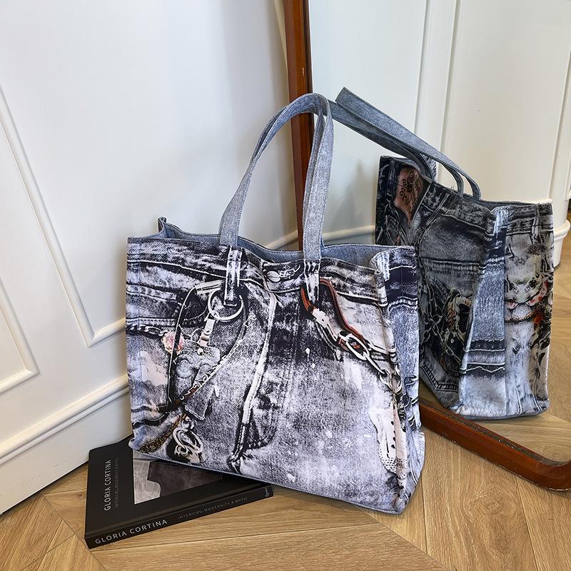 

Весенне-летняя новая ретро джинсовая сумка через плечо контрастного цвета, портативная сумка-тоут большой вместимости, сумка для покупок, женская сумка темно-синий