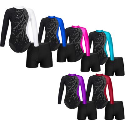Dziecięce dziewczęce trykot gimnastyczny z długim rękawem i zestawem spodenek 2-częściowe stroje Strój Sparkle Dance Unitards Biketards