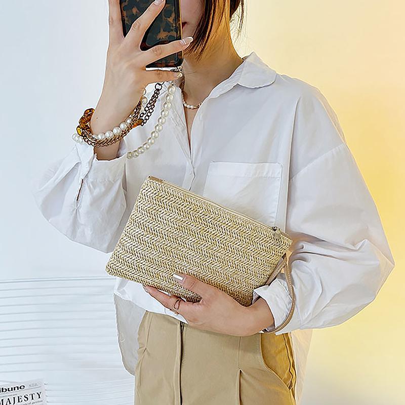 Weaving Bag  Ladies Wristlet Clutch Women Daily Money Phone Clutch Solid Straw Woven Coin Purse Beach Wallet Card Holder