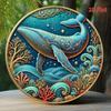 Blue Whale Round Metal Wall Art Kitchen Decor Aluminum Panel Hand Painted