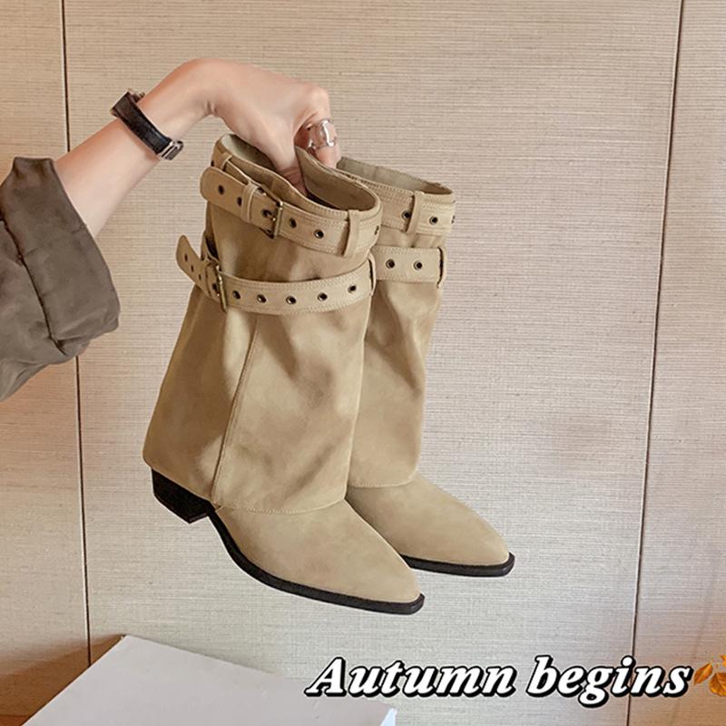 Autumn and Winter New Danish Trouser Boots~ Pointed Buckle 6cm Thick Heel Desert Cowboy Stack Short Boots Women's Western Boots