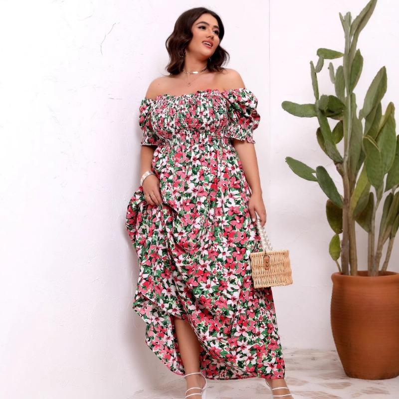 Big Size Women's Summer Floral One Shoulder Waist Slim Dresses