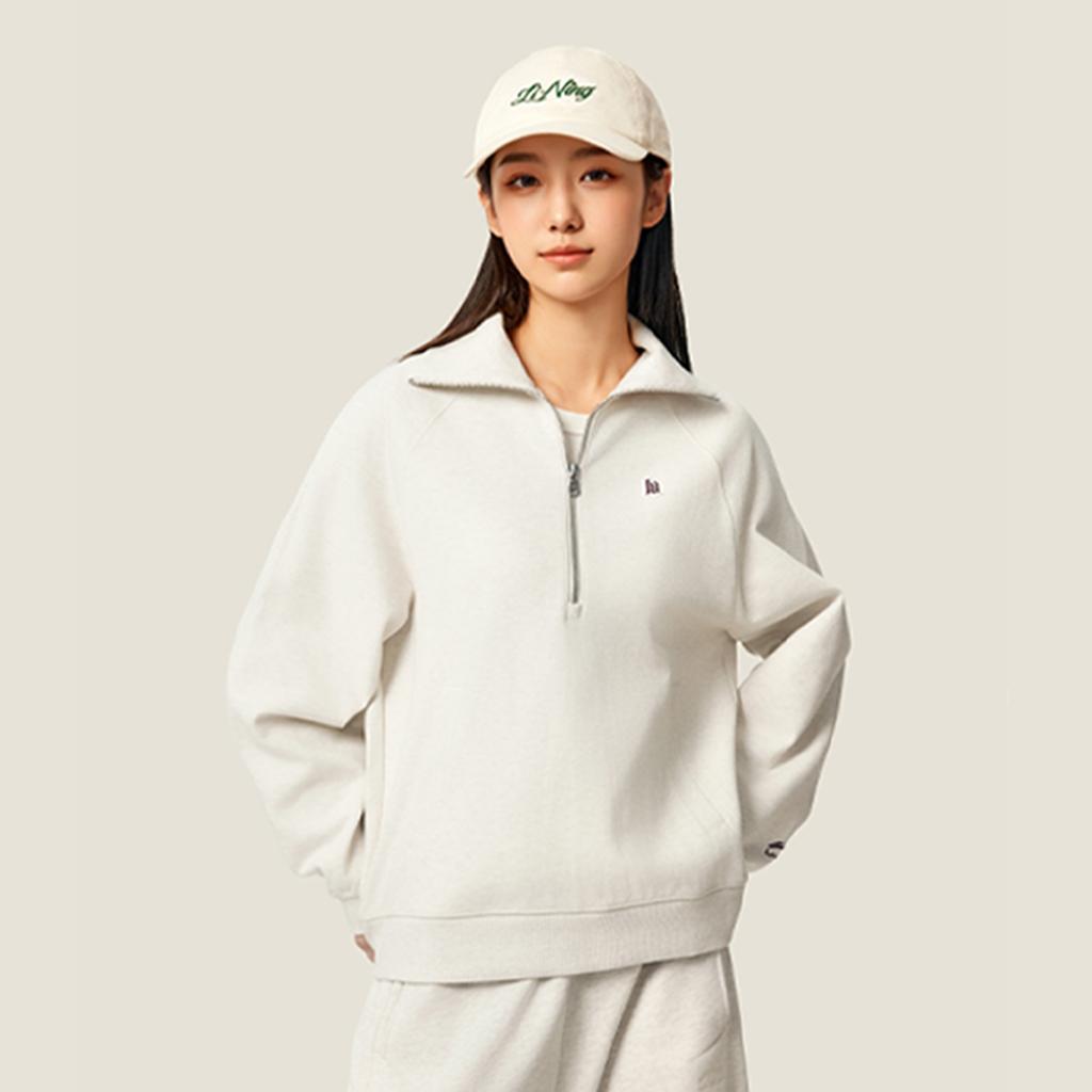 Li Ning Sports Lifestyle Series Simple Comfortable Polo Neck Versatile Pullover Loose Casual Sweatshirt Women Sweatshirt AWDVC18-3