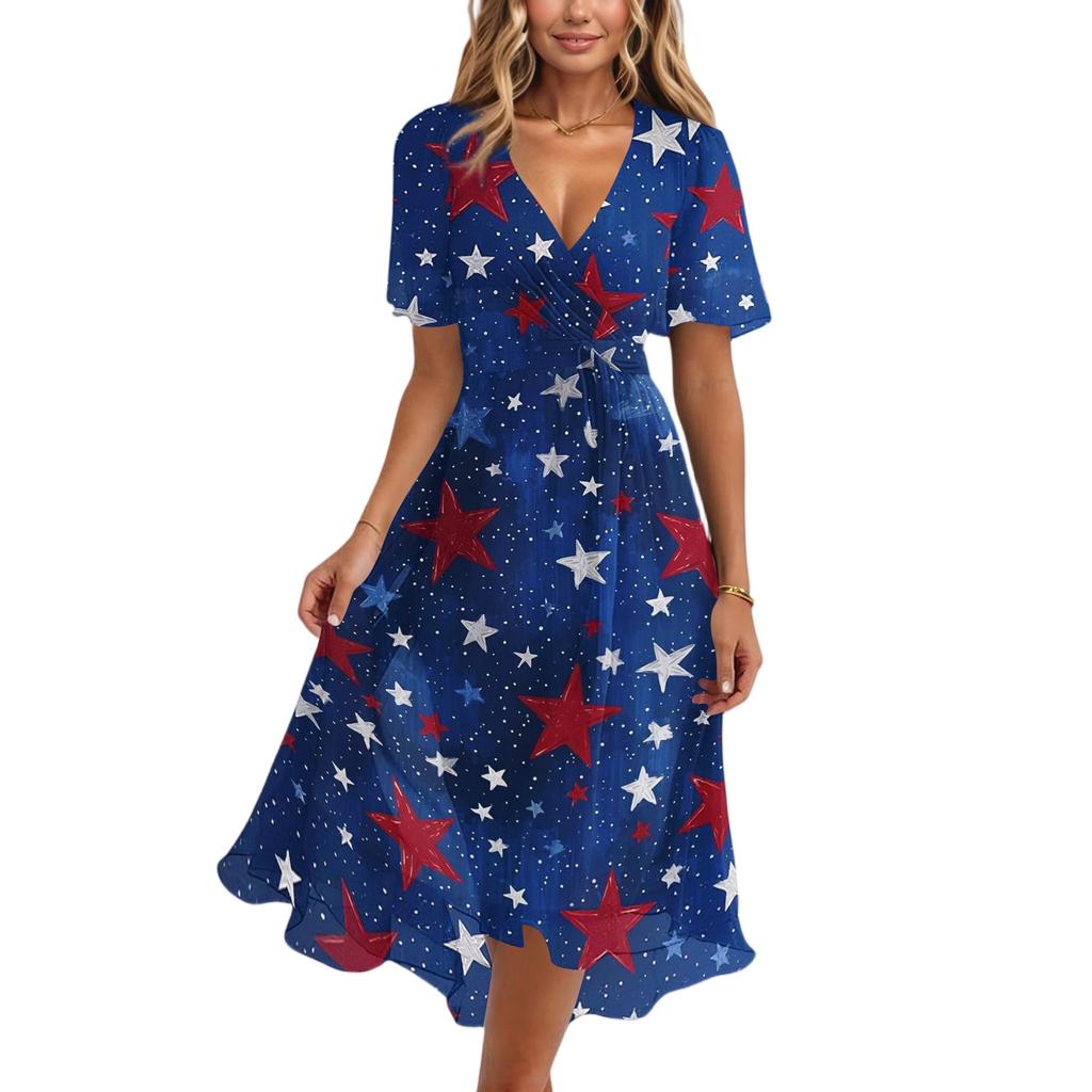 Women's Casual V-Neck Short-Sleeve Independence Day Print Dress