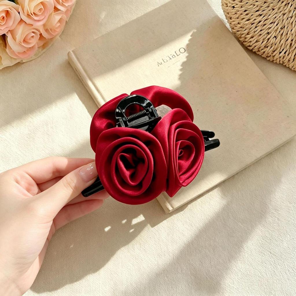Elegant Satin Rose Claw Clip - Large, Temperament Style Hair Accessory for Updos