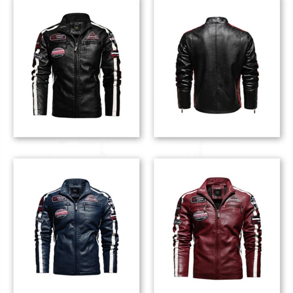 Autumn Winter Fleece Men's Motorcycle Leather Jacket Embroidery Racing Coat Windbreaker Outwear Faux Leather Biker Jacket