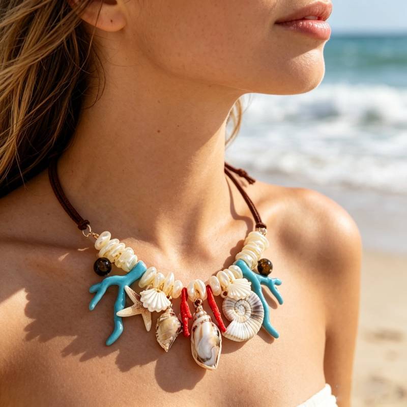 Summer Shell Necklace For Women With Handcrafted Coral And Shell Design For Beach Vacation