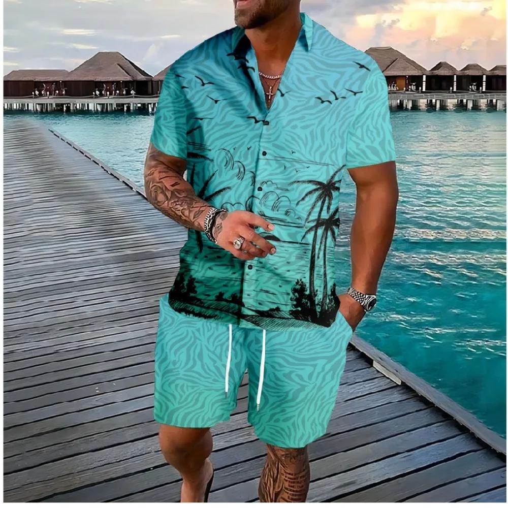 Hawaiian Palm Tree 3D Print Men Shirt Sets Fashion Short Sleeve Shirt Oversized Casual Beach Shorts Streetwear Suits Clothes Cool