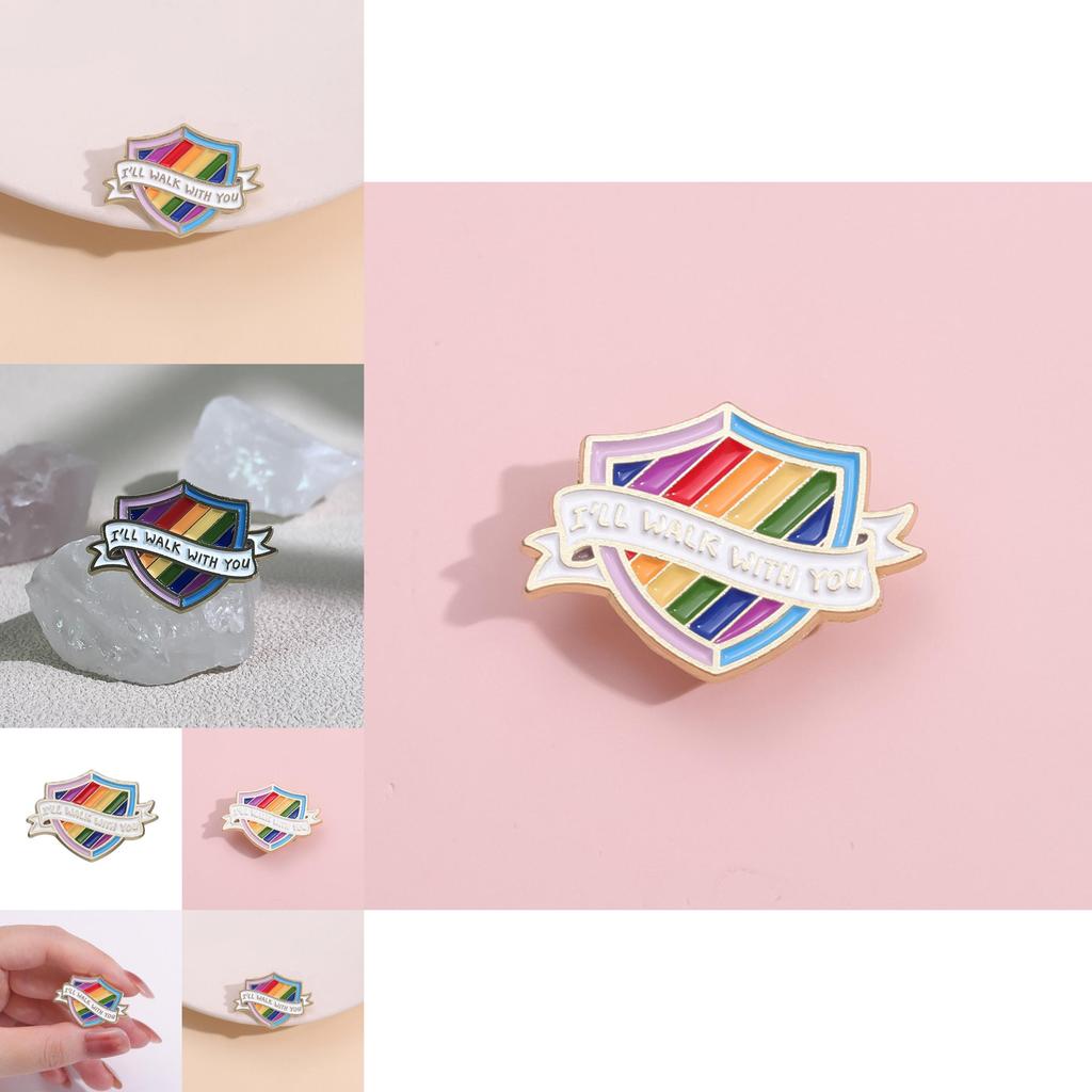 Creative Rainbow Letter Shield Brooch Stylish Metal Pin Unique Colorful Badge For All
