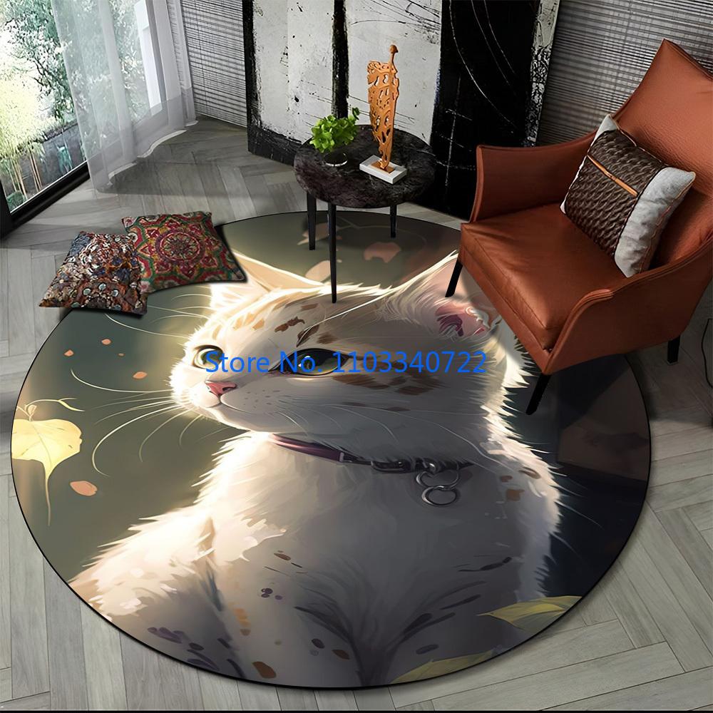 Cute Calico Cat Persian Cat Ragdoll Rug Round Carpet 120cm Crawling Game Non-slip Floor Mat for Kids Bedroom Living Room Decor